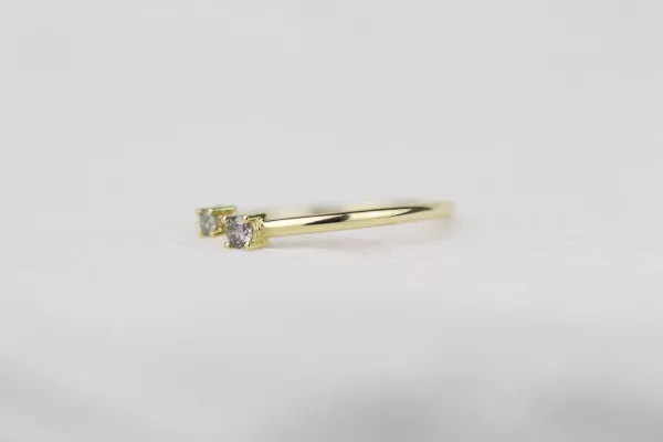 Einzigartiger Verlobungsring aus poliertem Gelbgold mit einem modernen Twist. Die Krappenfassungen für die beiden Salt und Pepper Diamanten verleihen diesem Ring eine faszinierende Ausstrahlung.